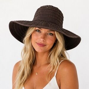 Kallina Sun Hat Brown UPF 50+ Packable Wide Brim Bow Beachwear Resort Travel